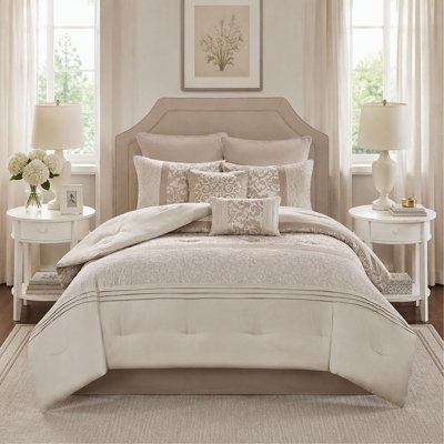 Ensemble de couette brodé 8 pièces - Neutre - Queen