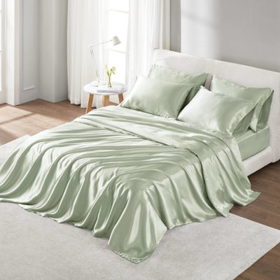 Ensemble de draps 4 pièces en satin sauge - luxe, froissé, texture lisse, doux pour la peau et les cheveux, livré avec des draps-housses plats et des taies d'oreiller