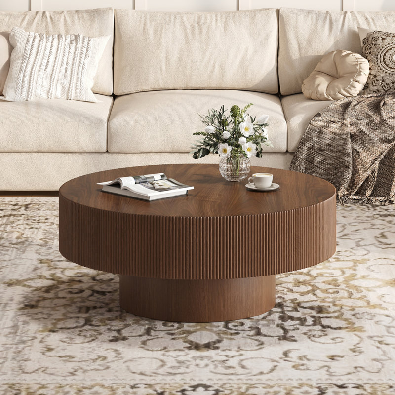 Round Coffee Table, Fluted Drum Design, Sleek & Chic Modern, Living Room Statement, Walnut, 13.73" H x 31.52" L x 31.52" W