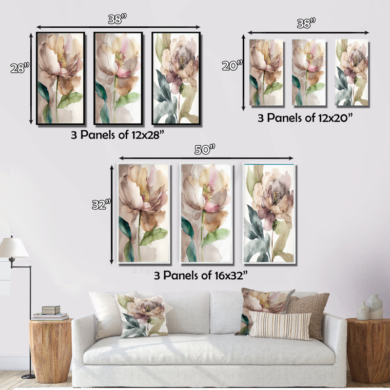 «Blooming Peony In Grey Earth Tones», 3 pièces sur toile, Noir, H 40 po x l 60 po