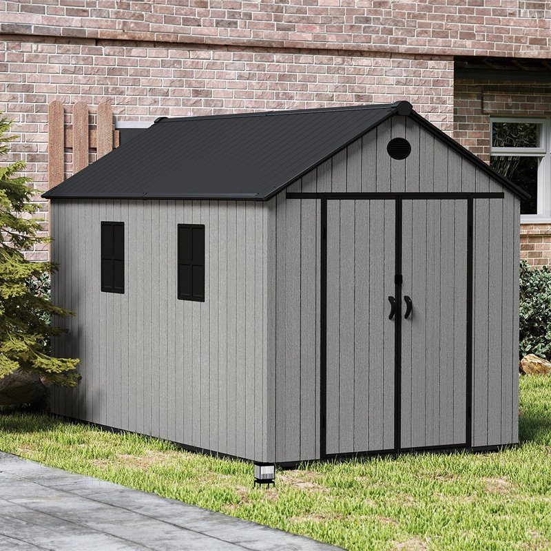 Gray wood-grain pointed-roof plastic tool shed