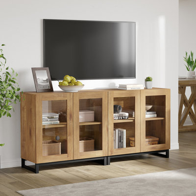 Meuble télé moderne avec portes en verre pour téléviseurs de 70 pouces, console de divertissement 2 en 1 avec tablettes réglables et base en métal pour le salon, la chambre à coucher