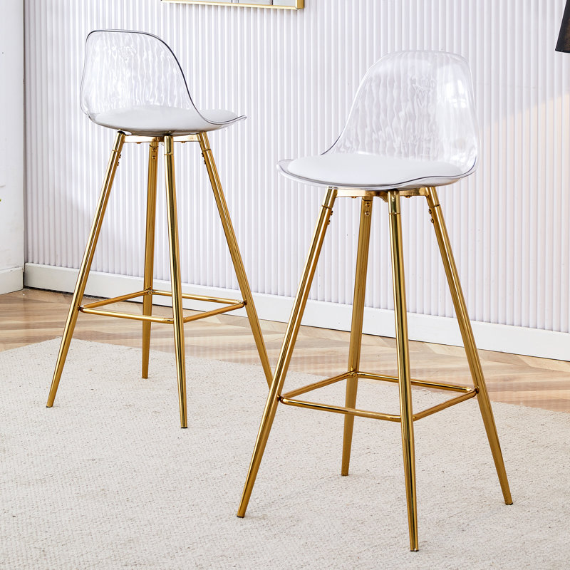 Bar Stool, 15"L x 13"W x 38"H, Metal, 1 Piece, White & Gold, Upholstered Padded Seat