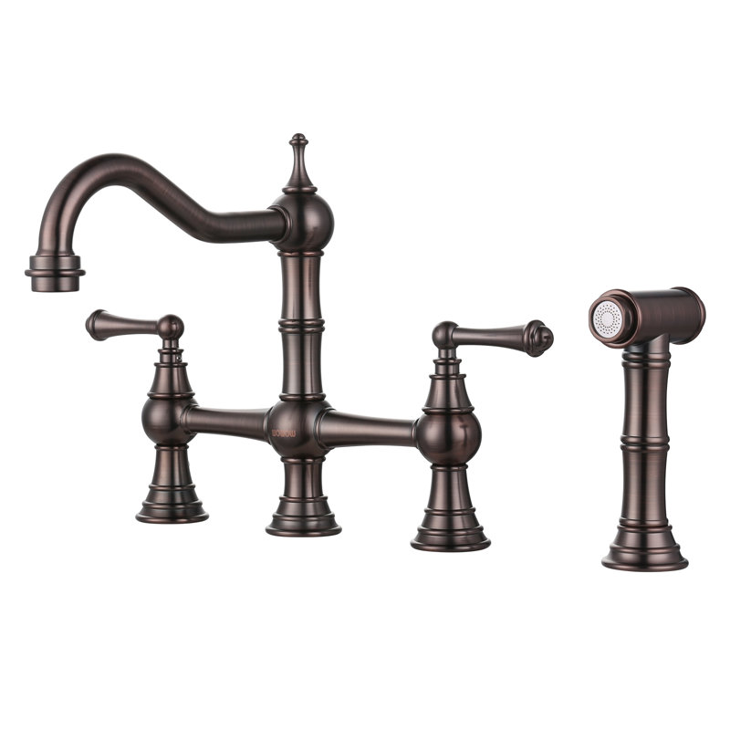 Heritage Brass Bridge Kitchen Faucet with Sprayer, 4 Hole Kitchen Faucet 2 Handle, 8 Inch Centerset Faucet for Kitchen Sinks