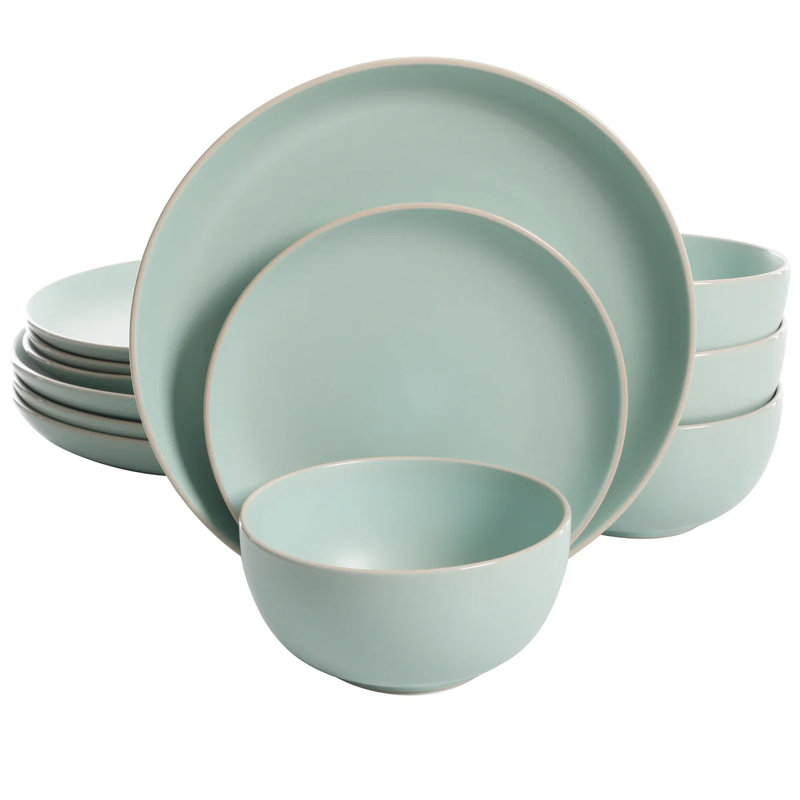 Ensemble 12 pièces de vaisselle en grès, assiettes et bols à finition matte, couleurs modernes, Bleu sarcelle mat