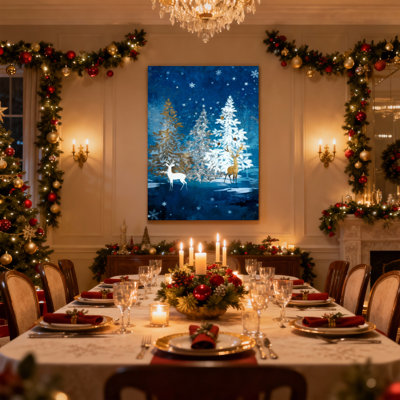 Christmas Winter Forest Deer Snowflakes Night Sky Trees Set of 3 Canvas Wall Art Prints