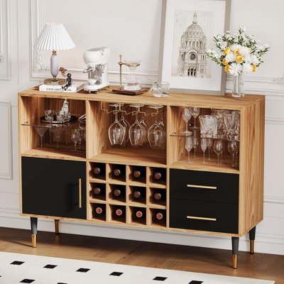47 Inch Wine Bar Cabinet with Storage, Led Lights & Charging Station, Wood Coffee Bar Station, Modern Sideboard Buffet Cabinet for Living Room Apartme by Wrought Studio