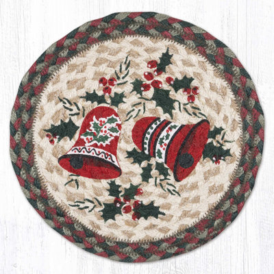  Festive Bells Jute Trivet – 10" Round Braided Mat with Hand-Stenciled Design