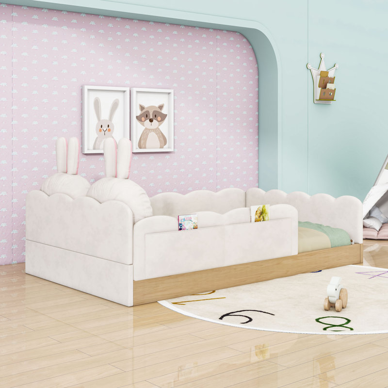 Upholstered Platform Bed With Animal Pillows And Storage Bags, Beige