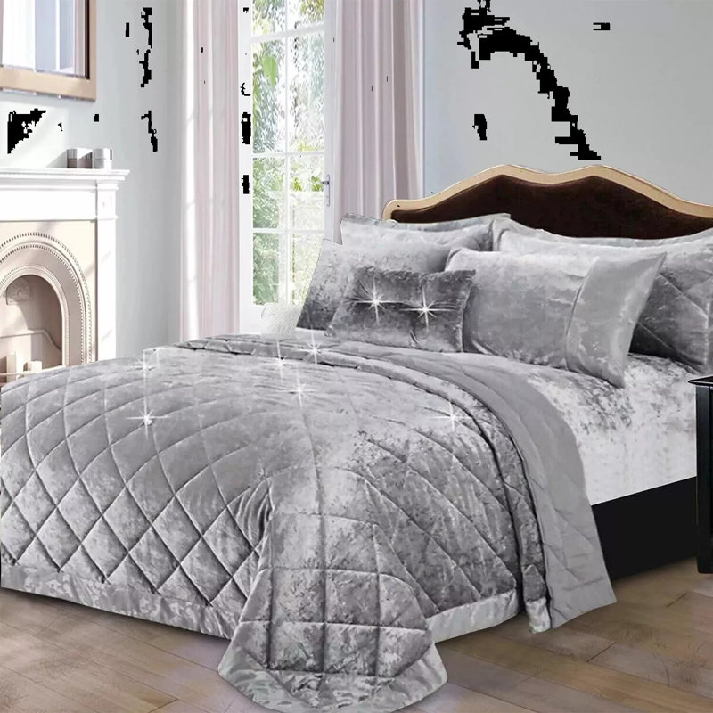 Velvet Bedspread with Pillow Shams, Silver, Double Bedspread+ 2 Standard Shams