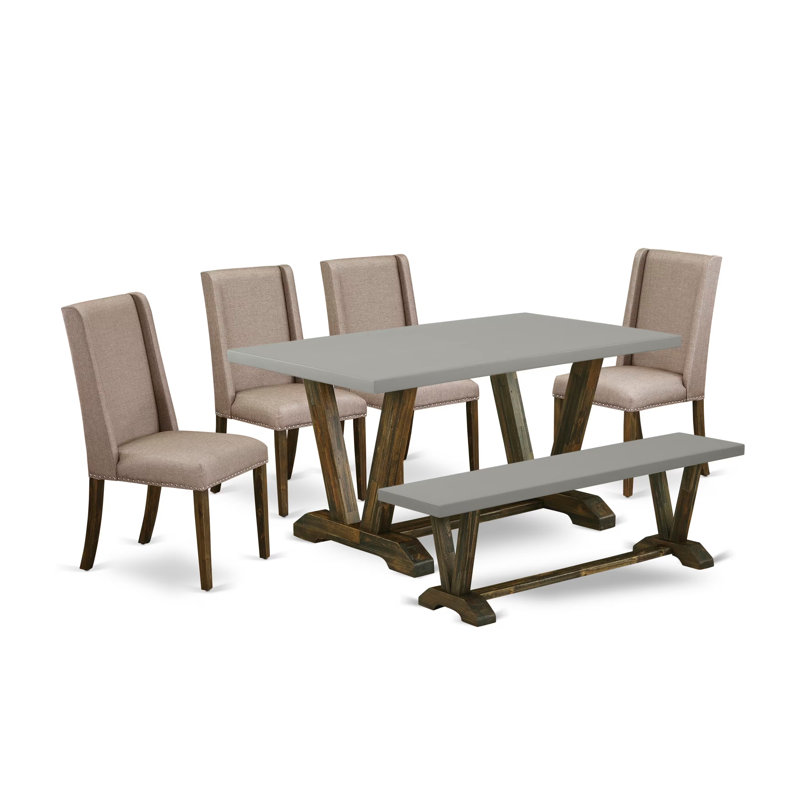 L'ensemble de table de salle à manger 5 pièces comprend une table de salle à manger en ciment, un banc de salle à manger et 4 chaises Mid-Century en tissu de lin kaki foncé avec dossier haut - finition jacobine patinée