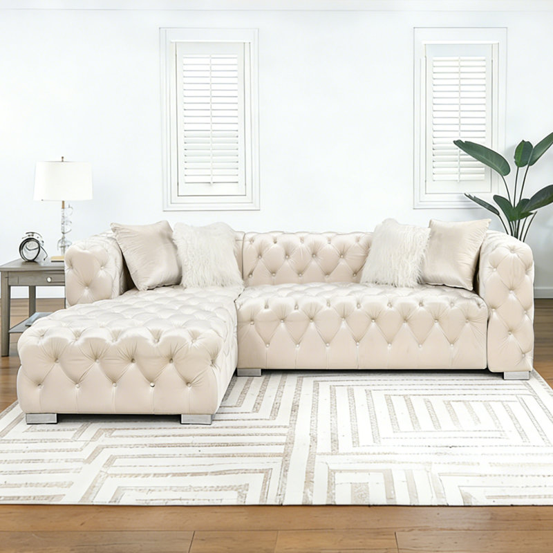 115'' Wide Velvet Chesterfield Sectional Sofa Button Tufted L-Shaped Couch With Metal Lges, Beige