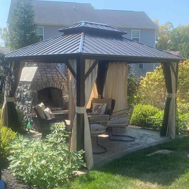 PURPLE LEAF 10’X 12’Outdoor Hardtop Gazebo Metal Frame Galvanized Steel Double Roof with Curtains and Nettings for Patio Desk Backyard Bronze