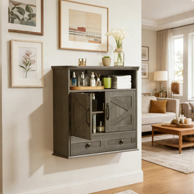 Armoire murale 24 po avec portes de grange, organisateur de rangement au-dessus de la toilette avec tiroir et tablette réglable, armoire de salle de bain et de cuisine, gris