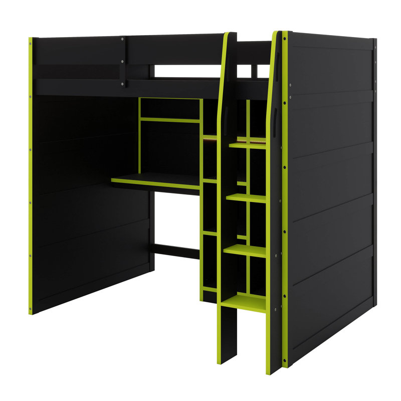 Lit mezzanine double en bois pleine grandeur avec lumières RVB - bureau intégré, garde-robe ouverte et compartiments à plusieurs rangements