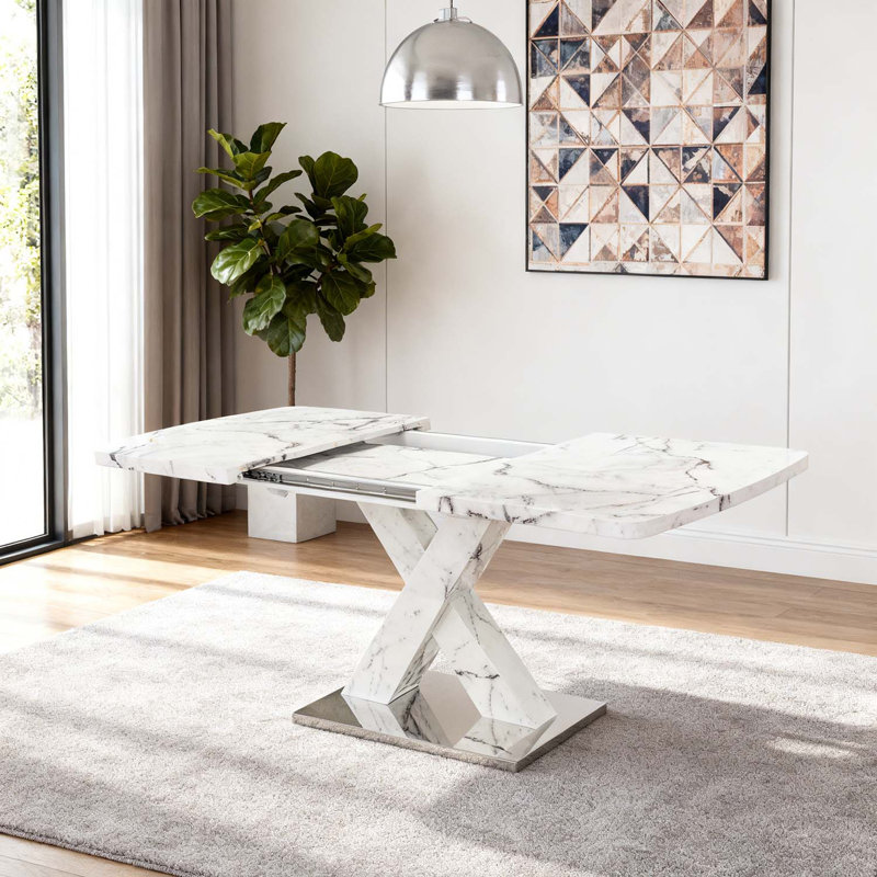 Table de salle à manger rectangulaire moderne avec plateau extensible et pieds en X durables, Blanc, Blanc