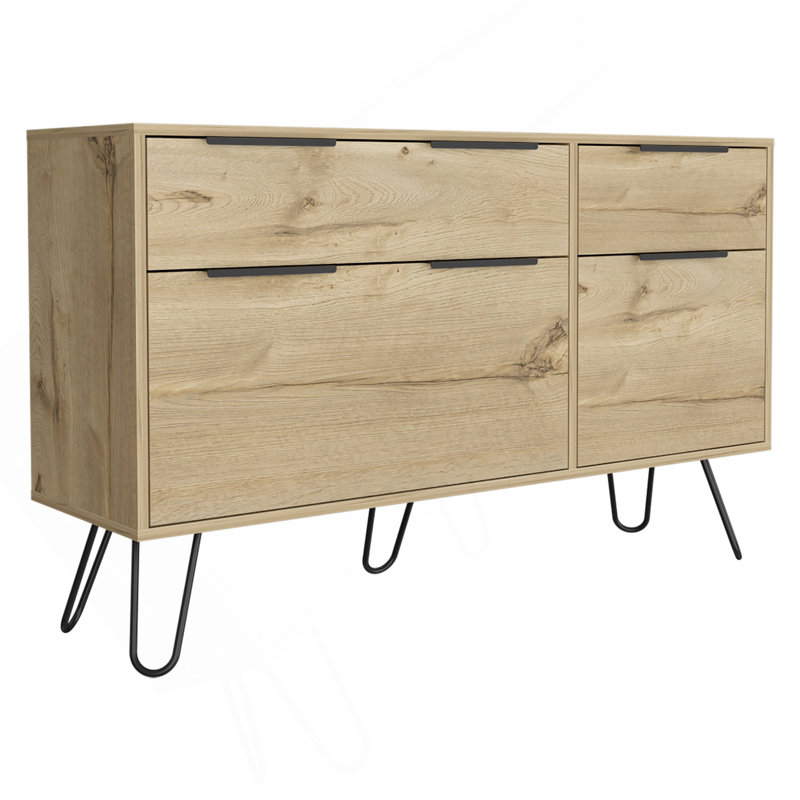 Commode double, quatre tiroirs, plateau supérieur, pieds en épingle à cheveux, chêne clair
