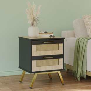 Alwies 2 SET Rattan Nightstand with 2 Storage Drawers,End Table with Gold Metal Legs(Set of 2) (Set of 2)