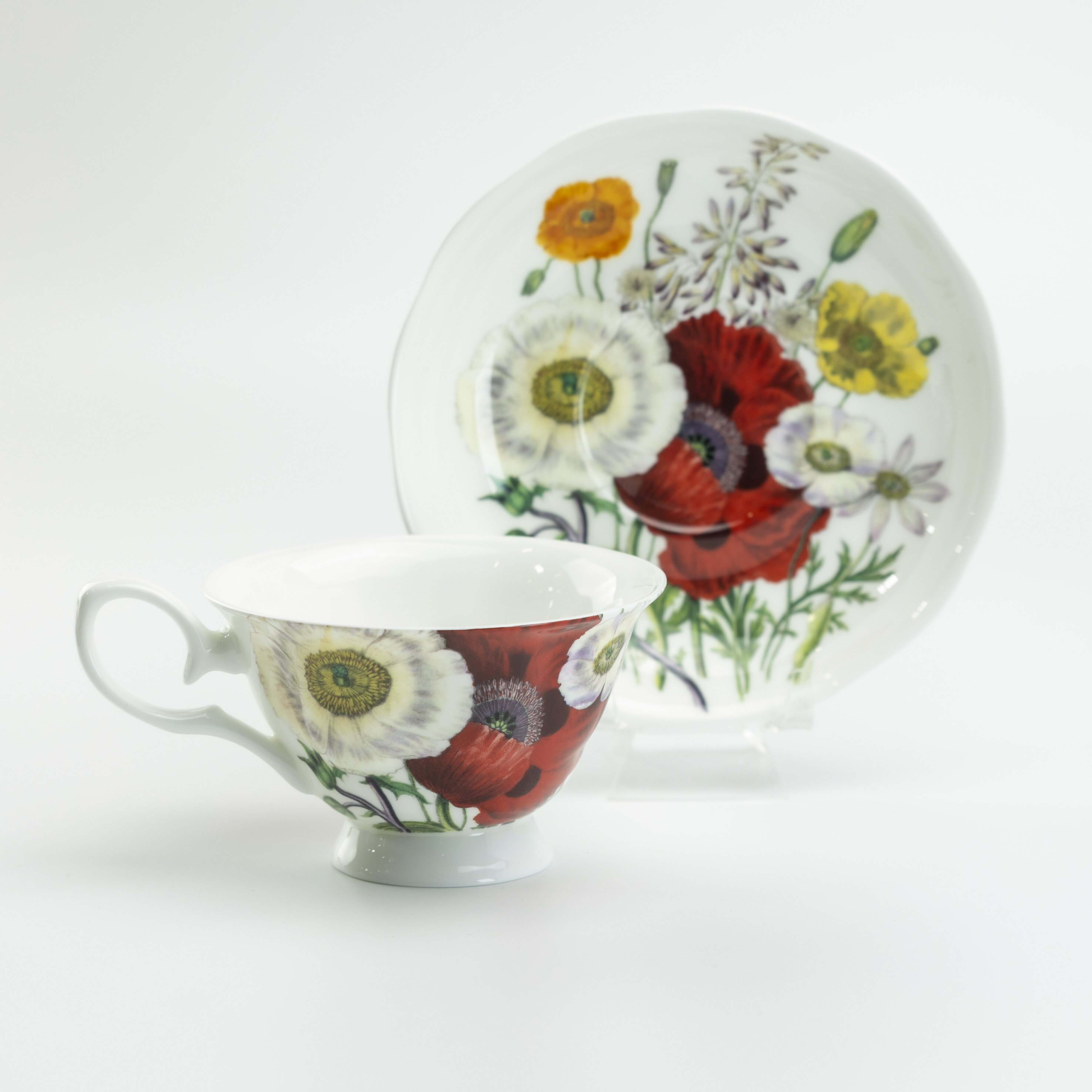 Coastline Imports Poppy Field Bone China Teacup And Saucer, Set Of 4