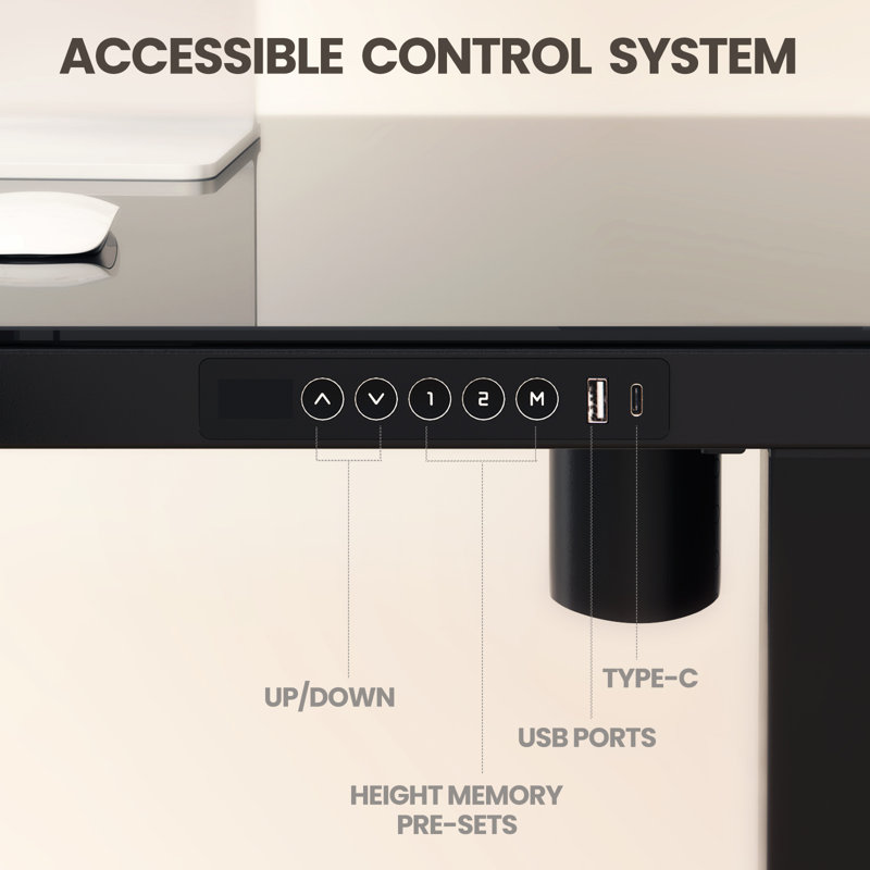 Black Glass Adjustable Height Standing Desk with Drawer and USB Ports