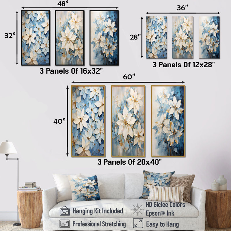 Ensemble de 3 décorations murales poinsettias beiges et bleues, Cadre flottant noir, H 40 po x l 60 po