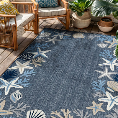 Coastal Border Navy/Ivory Indoor/Outdoor High-Low Area Rug