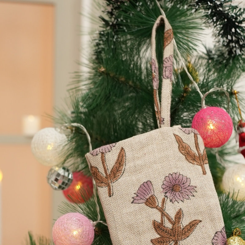 Chaussette de Noël Fabividine imprimée à la main en bloc pour un jeûne saisonnier - Kirti, H 16 po x l 6,5 po