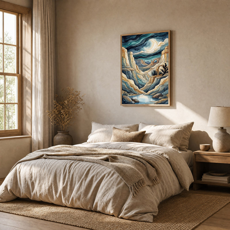 Tableau sur toile représentant un canyon à plusieurs niveaux avec croissant de lune et arche de pierre, H 48 po x l 32 po