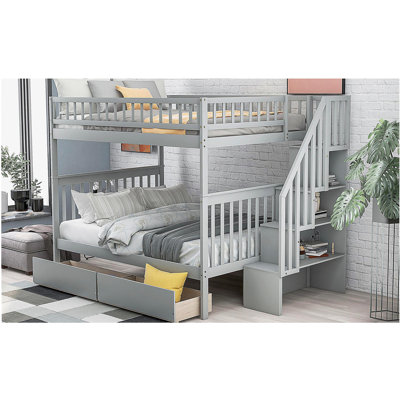 Full-size twin-decker bed with two drawers and storage space, gray
