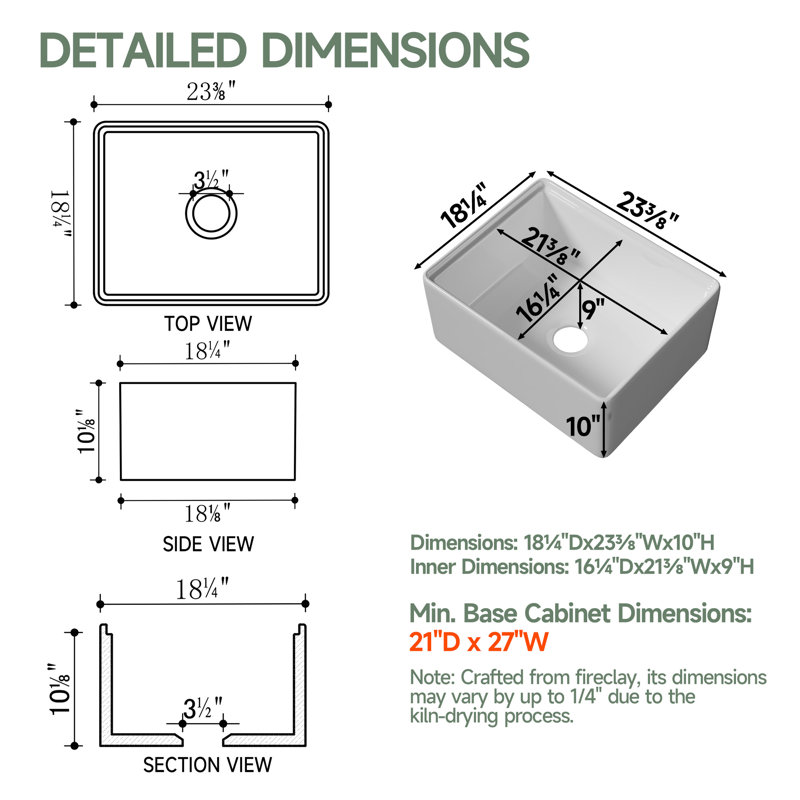 24" L x 18" W Fireclay Apron Front Farmhouse Workstation Sink for Kitchen, Single Bowl White Farm Sink, Included 4 Custom Accessories