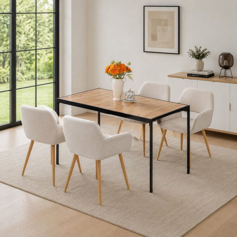Ensemble de salle à manger industriel 5 pièces, table en bois naturel 47 po et 4 chaises rembourrées beiges, pieds en métal