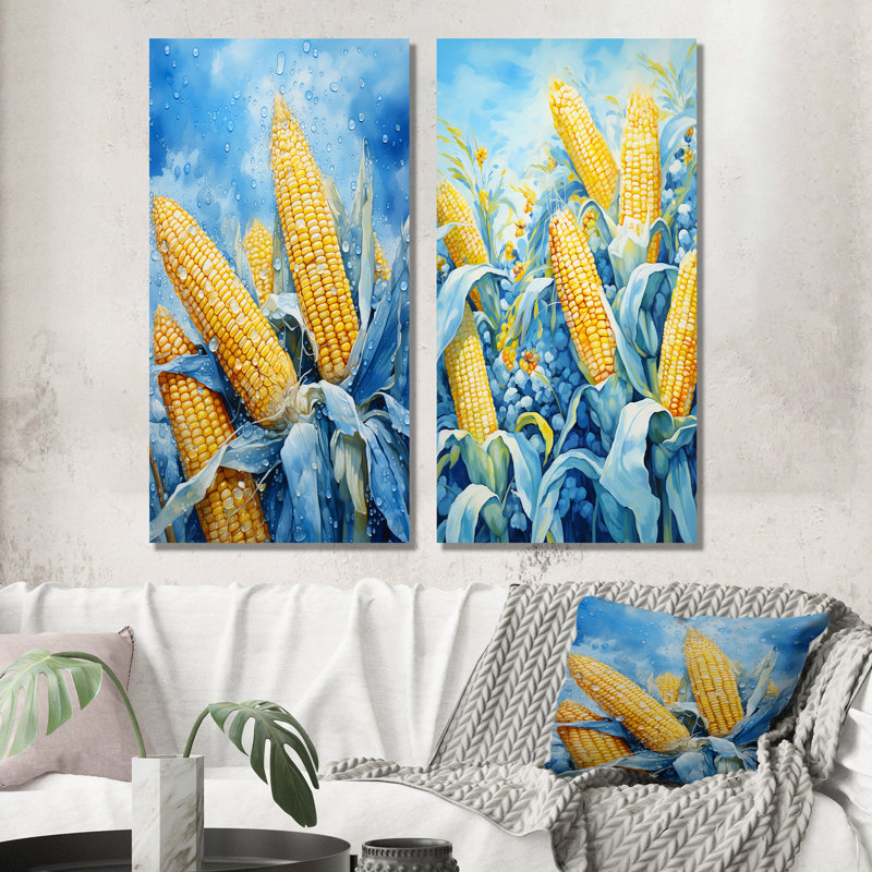 Maïs et maïs soufflé «Popping Blues» - ensemble d'art sur toile Popcorn, H 28 po x l 25 po, Toile tendue