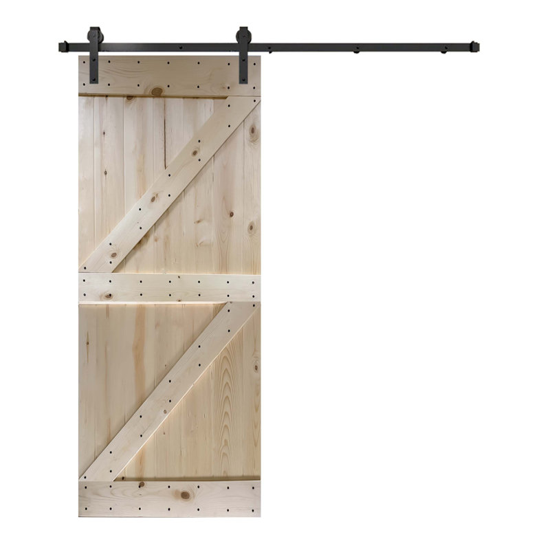 Porte de grange coulissante en bois de pin avec trousse de quincaillerie d'installation, Inachevé, 38 po x 84 po