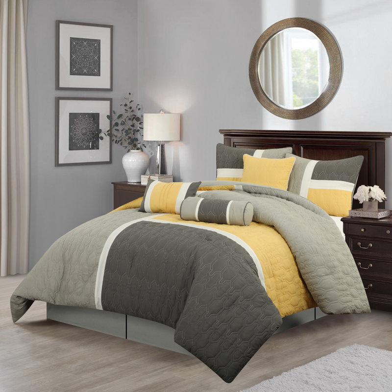 Ensemble d'édredon en microfibre 7 pièces Natalia, Édredon de grande taille et 6 pièces supplément, Gris / Bleu marine