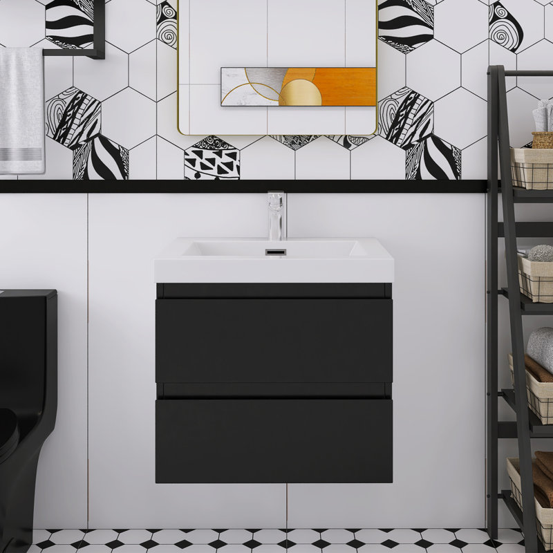 24" Floating Wall-Mounted Glossy Black Bathroom Vanity Resin Sink With Square Basin & Soft-Close Drawers, Glossy Black