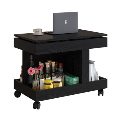 Small Coffee Table with Wheels, 360° Rotating Desktop Multi-Functional Side Table, Rolling End Table with Storage Compartment, Mobile Bedside Table for Living Room Bedroom Home Furniture
