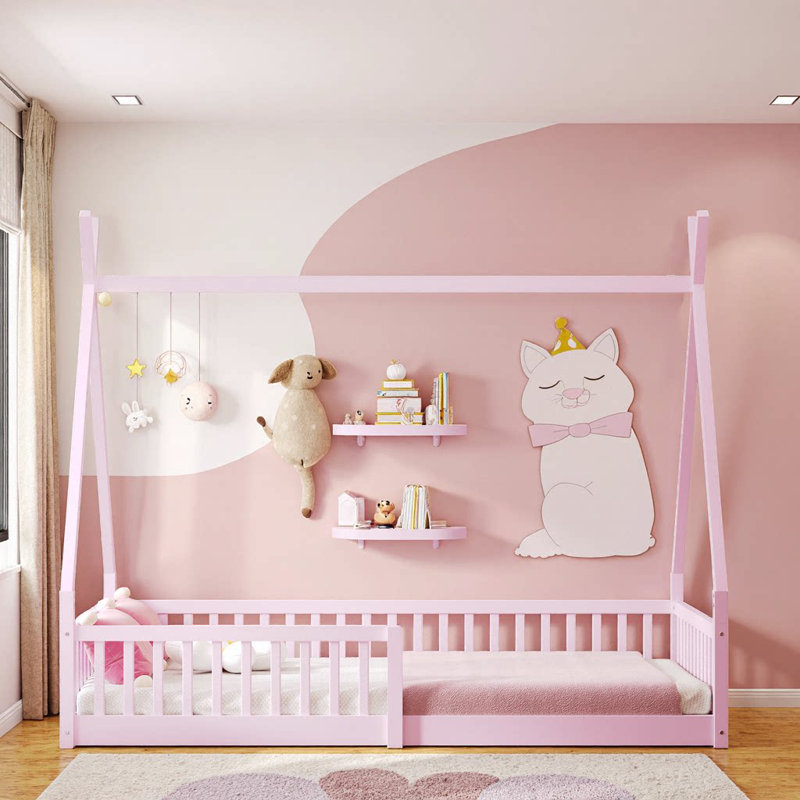 Lit simple en bois avec clôture de sécurité et structure en pin délavé délavé, Rose