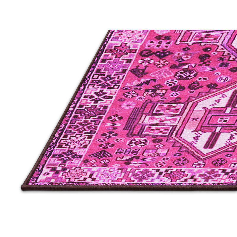 Tapis oriental rose / blanc tissé à la machine, Rectangle 6 pi x 9 pi