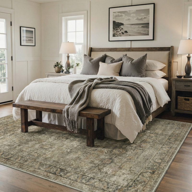 Roehit Heritage Oriental Performance Area Rug - Antique Olive & Charcoal Oushak Faux Wool  - Non-Slip & Machin Washable