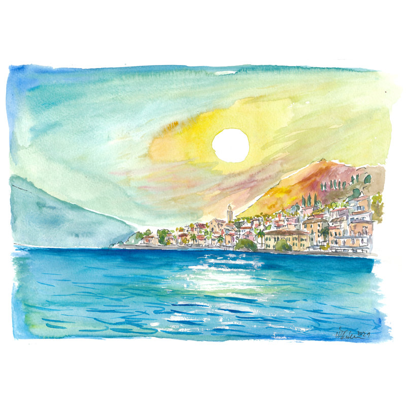 Shimmering Reflections On_Lago Di Garda With Limone Waterfront Print by Martina Bleichner, Wrapped Canvas, 24" H x 32" W