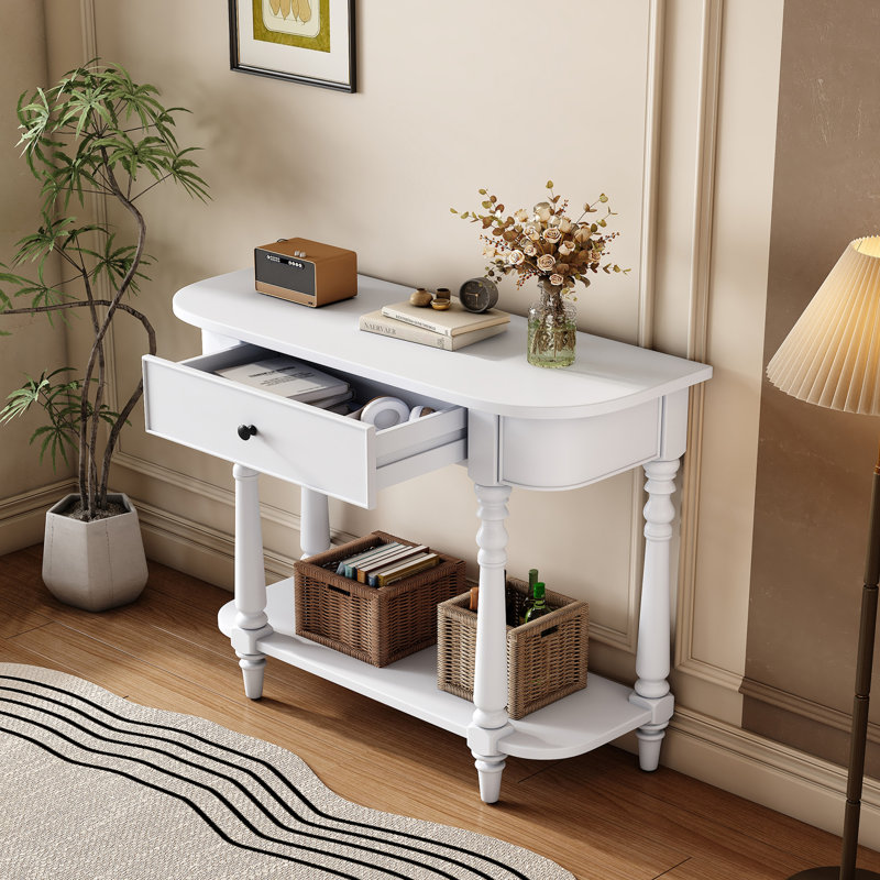 Narrow Console Table With Curved Corner And Top Drawer And Open Shelf, White, White