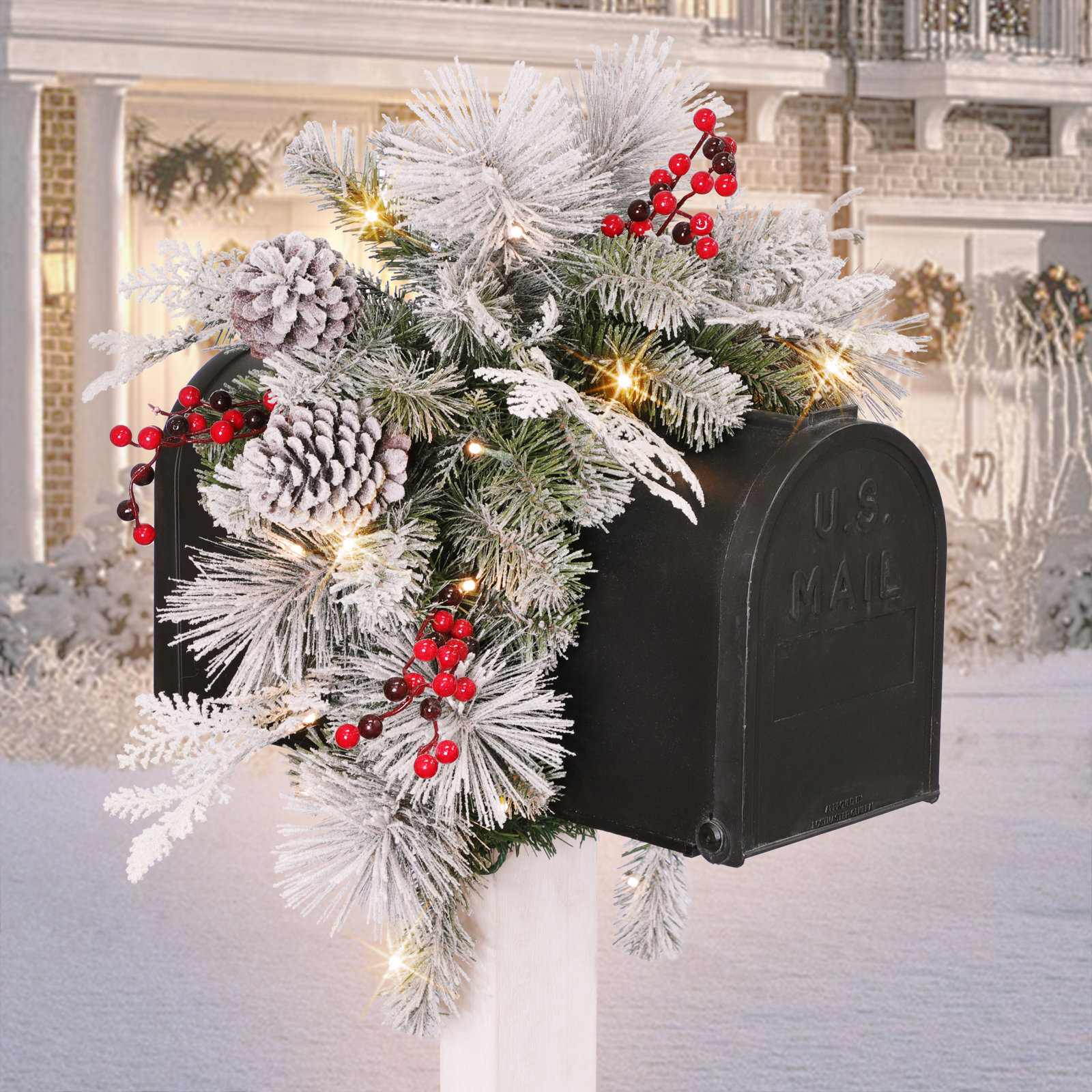 36" Pre-Lit Flocked Artificial Pine Mailbox Cover