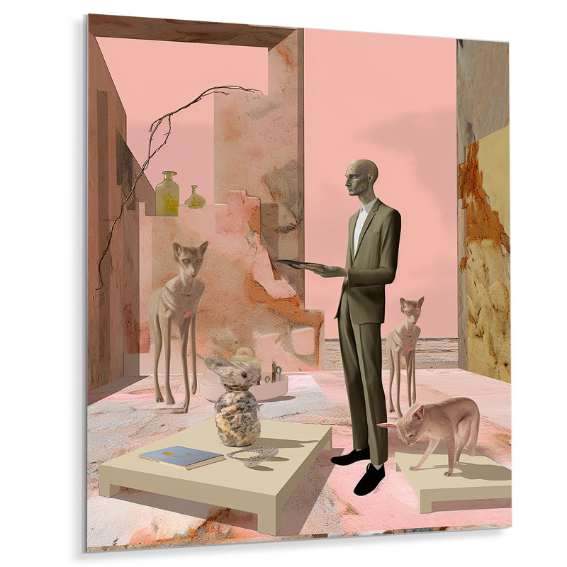 «Man In suit With Catts - Abstract Collages», art mural, Métal métal, H 32 po x l 24 po x P 1 po