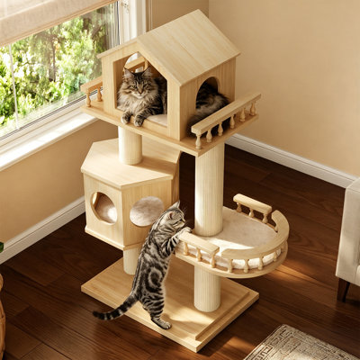 Arbre à chat en bois avec lit pour chat fermé, plateforme courbée et poteaux à griffer en sisal