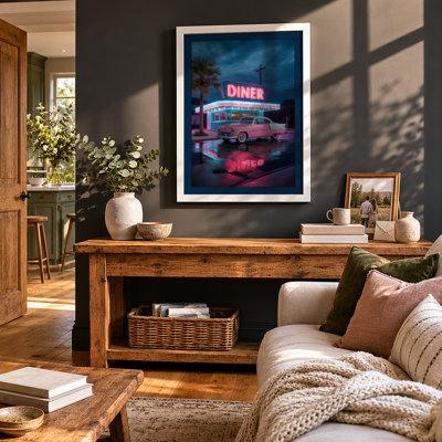 Neon Diner at Dusk Retro - Framed Print