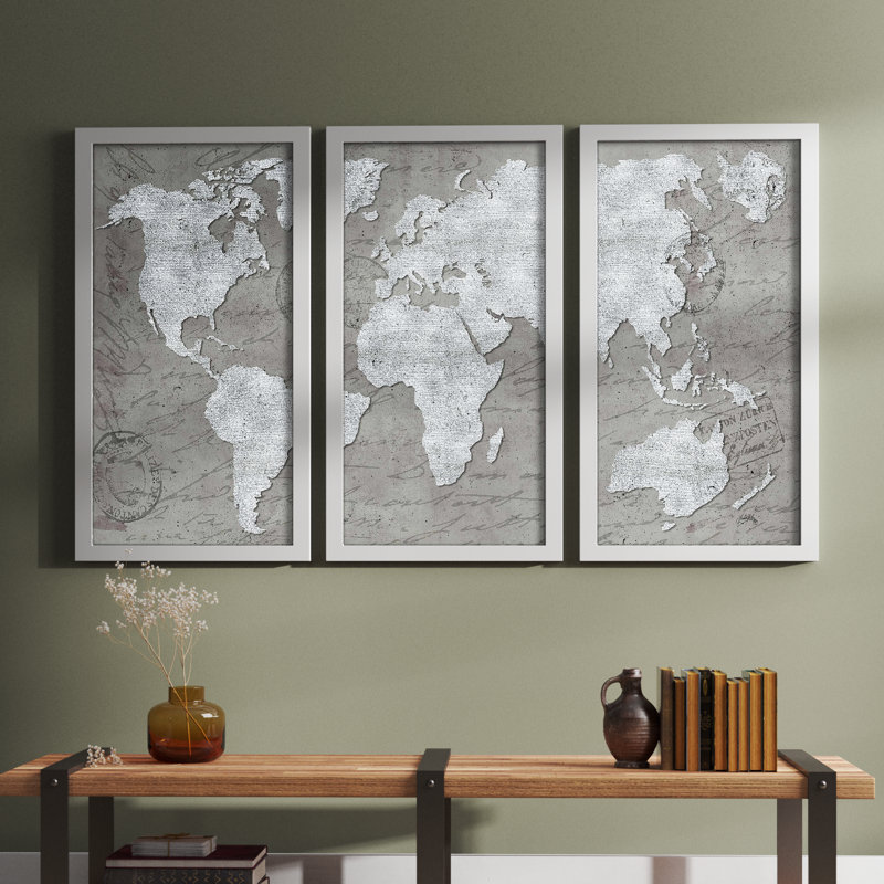 " World Map On Script " 3 - Pieces, 33.5" H x 52.5" W x 1" D