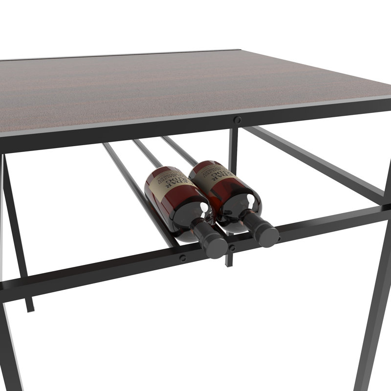 Ensemble de table et de chaises carrées de style industriel, 70 cm (27,56 pouces), en MDF en noyer et structure métallique. Ensemble de 3 pièces avec casier à vin intégré, idéal pour les petits espaces et les appartements.