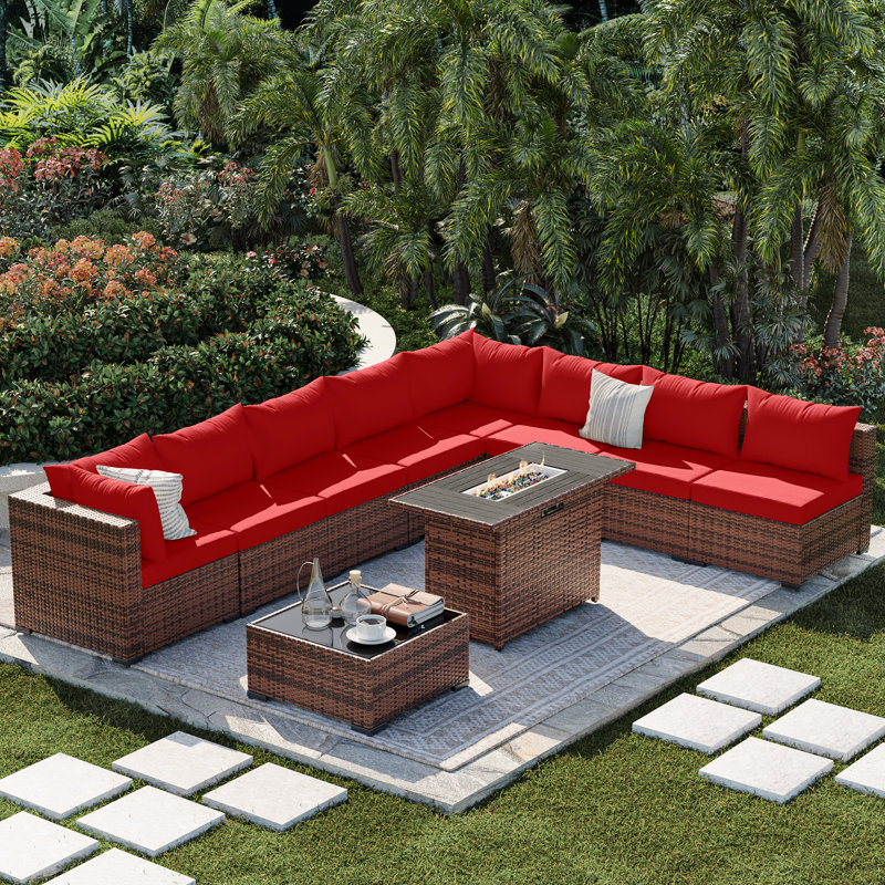 8 - Person Outdoor Wicker Patio Conversation Furniture Set With Fire Pit Table, Burgundy