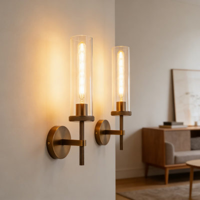 Ensemble de 2 appliques murales pour meuble-lavabo de 19,5 pouces en bronze moleté avec tube en verre transparent Micstar