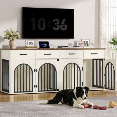 77.6" Dog Crate Furniture for 2 Dogs, Double Dog Cage Furniture, Heavy‑Duty Dog Kennel with 4 Drawers, Wooden Dog Cage TV Stand with Divider and Power for M/L Breeds, White Brown
